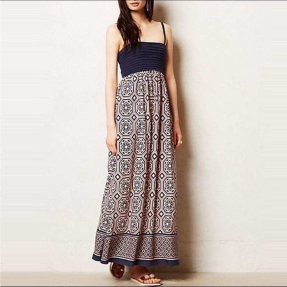 Anthropologie Lilka Carreau Women's Blue Geometric Maxi Dress Size X-Large